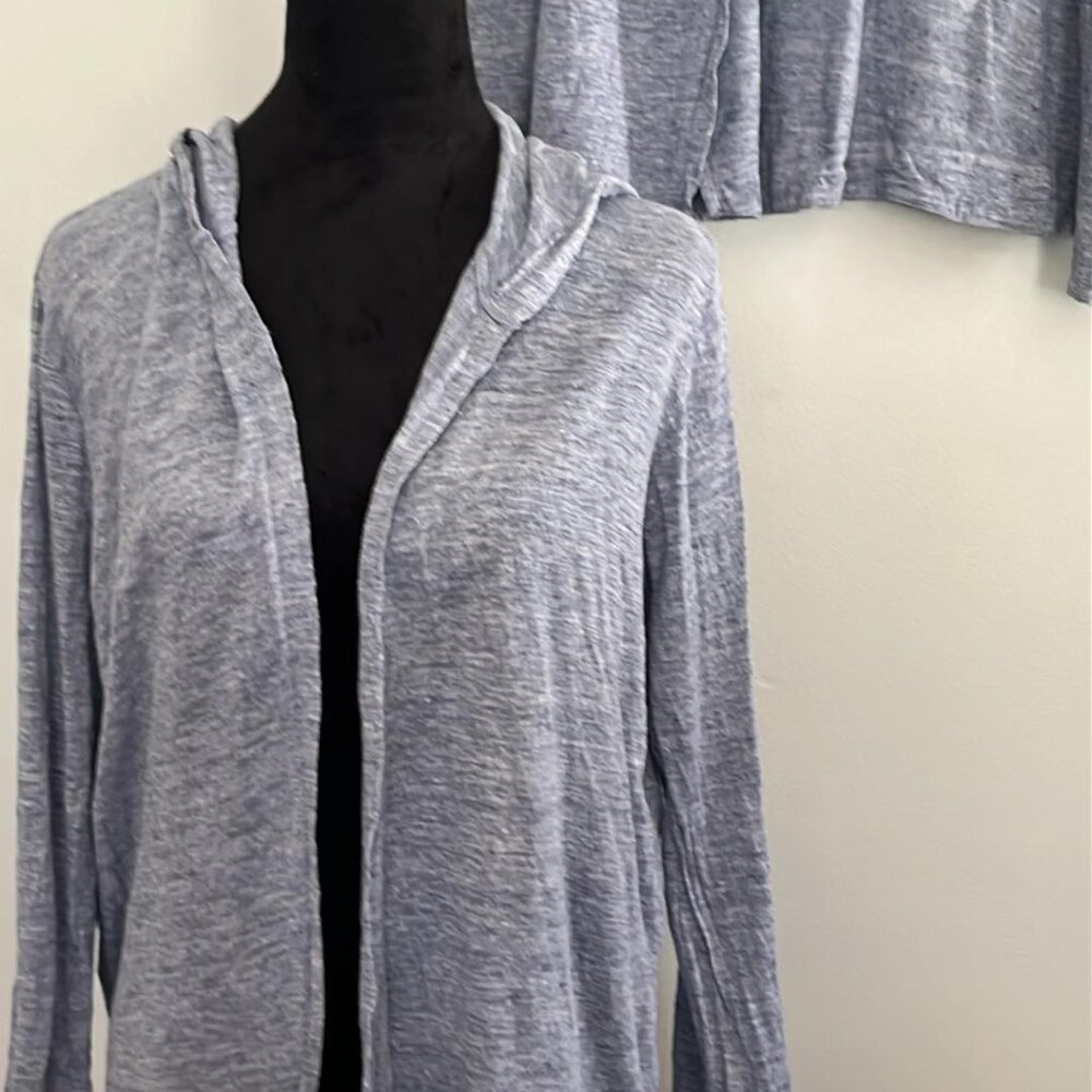 Tahari Cardigan‎ MEDIUM Blue Linen Open Front Hooded Lightweight Sweater Casual